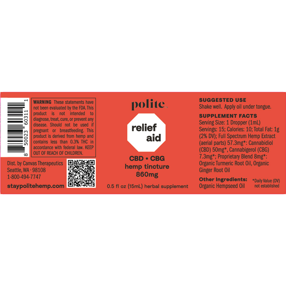 Polite Hemp Relief Aid CBD CBG Oil Drop Tincture Label