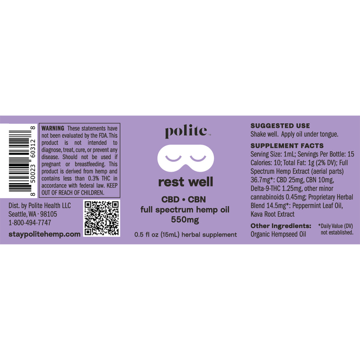 Polite Hemp Rest Well CBD CBN Oil Drop Tincture Label